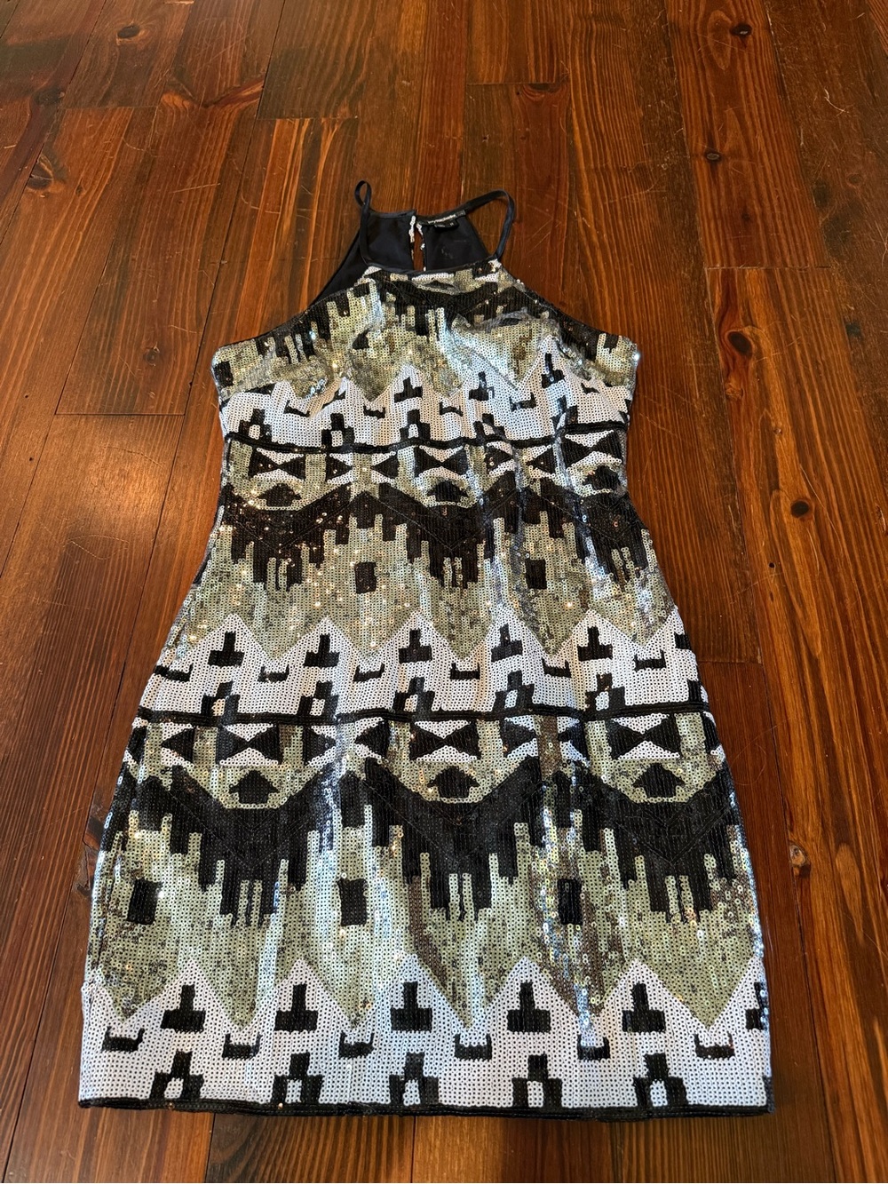 Sequin Halter Mini Dress in Black and Silver